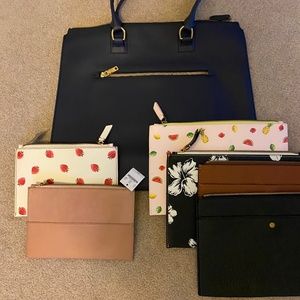 All New- J Crew large leather tote and 6 Clutches